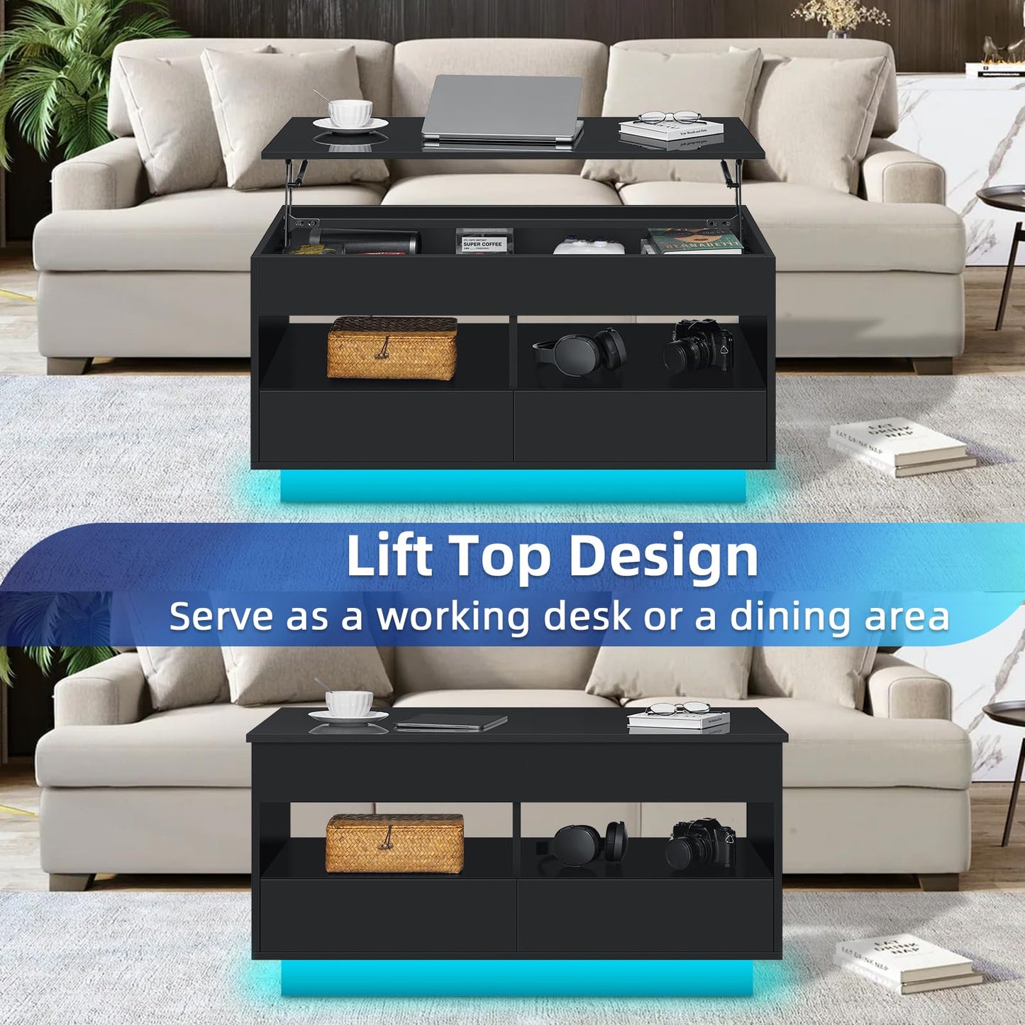 HOMMPA 40‘’ LED Coffee Table for Living Room, Lift Top Coffee Tables with Storage, Morden High Gloss 4 Tiers Black Tea Table Center Tables with Hidden Compartment & 2 Open Shelve & 2 Drawers