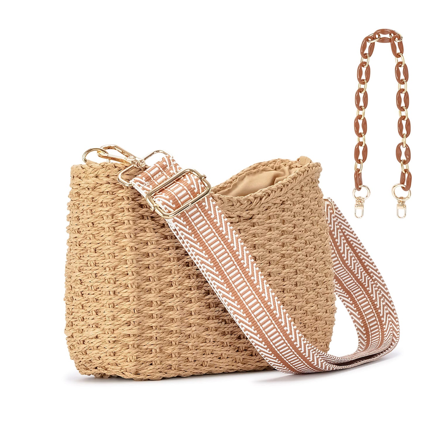 Herald Small Handmade Straw Crossbody Bag for Women, Summer Chic Woven Handbag Shoulder Purse with Chain & Guitar Strap (Coffee)