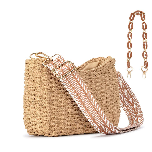 Herald Small Handmade Straw Crossbody Bag for Women, Summer Chic Woven Handbag Shoulder Purse with Chain & Guitar Strap (Coffee)