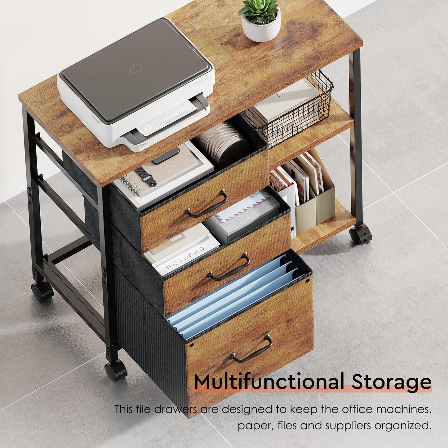 Maihail 3 Drawer File Cabinet with Wheels Rolling Printer Stand with Open Storage Shelf Fabric Lateral Filing Cabinet for Home Office,Rustic Brown2