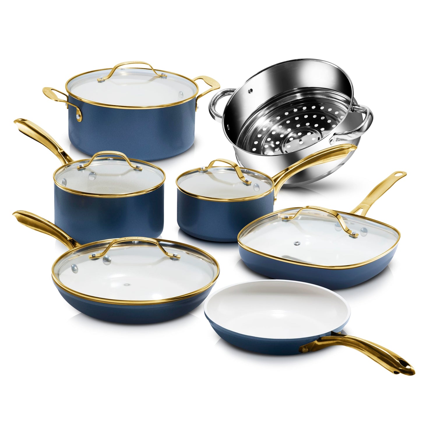 Gotham Steel 12 Pc Ceramic Cookware Set Nonstick, Ceramic Pots and Pans Set Non Stick with Steamer for Cooking, Non Toxic PFOA PFOS Free, Premium Stay Cool Handles, Oven & Dishwasher Safe