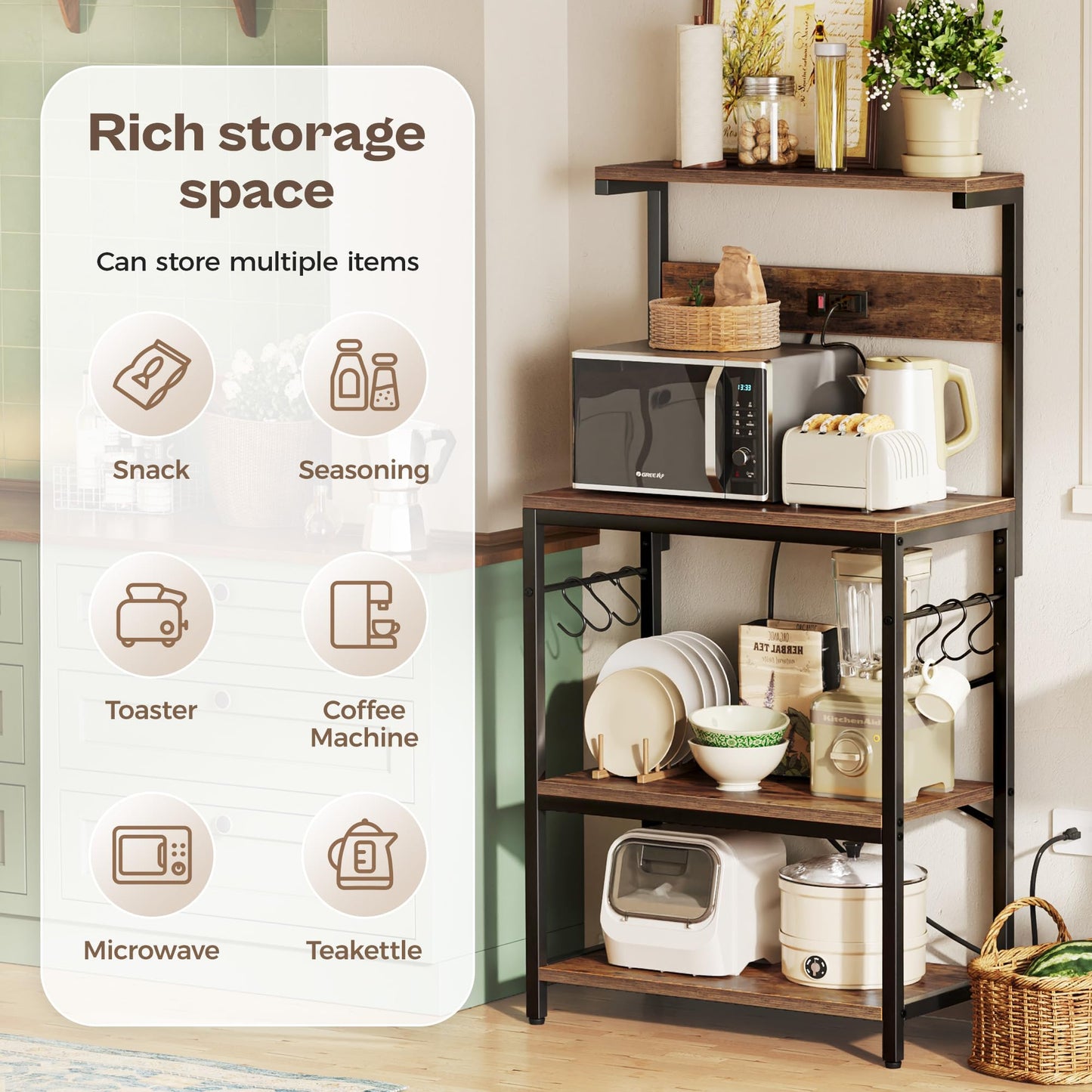 SUPERJARE Kitchen Bakers Rack with Power Outlet, Coffee Bar Table 4 Tiers, Kitchen Microwave Stand with 6 S-shaped Hooks, Storage Shelf Rack for Spices, Pots and Pans - Rustic Brown