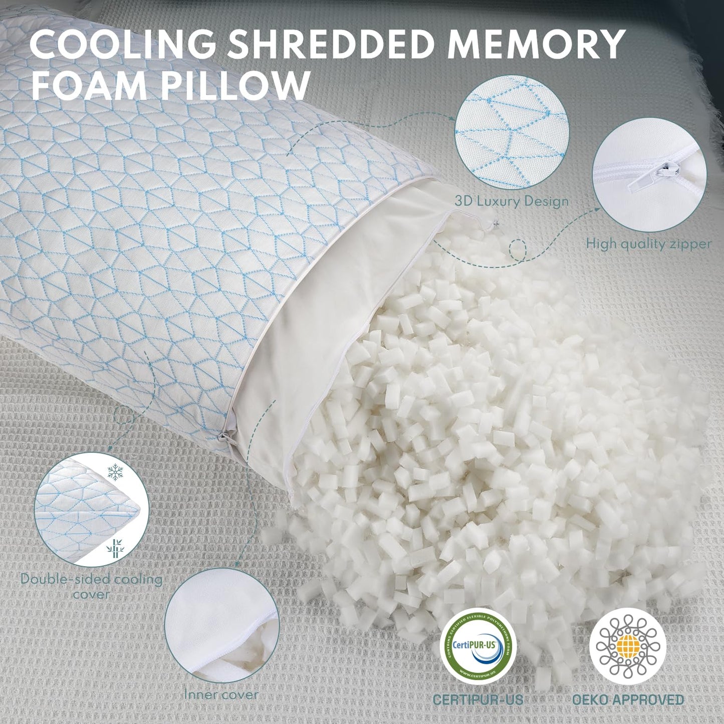 COZSINOOR Cooling Pillows Queen Size Set of 2 for Sleeping - Adjustable Shredded Memory Foam Pillows 2 Pack, Cool Bed Pillows for Back, Side and Stomach Sleepers, Gel Pillow Removable Cover Washable