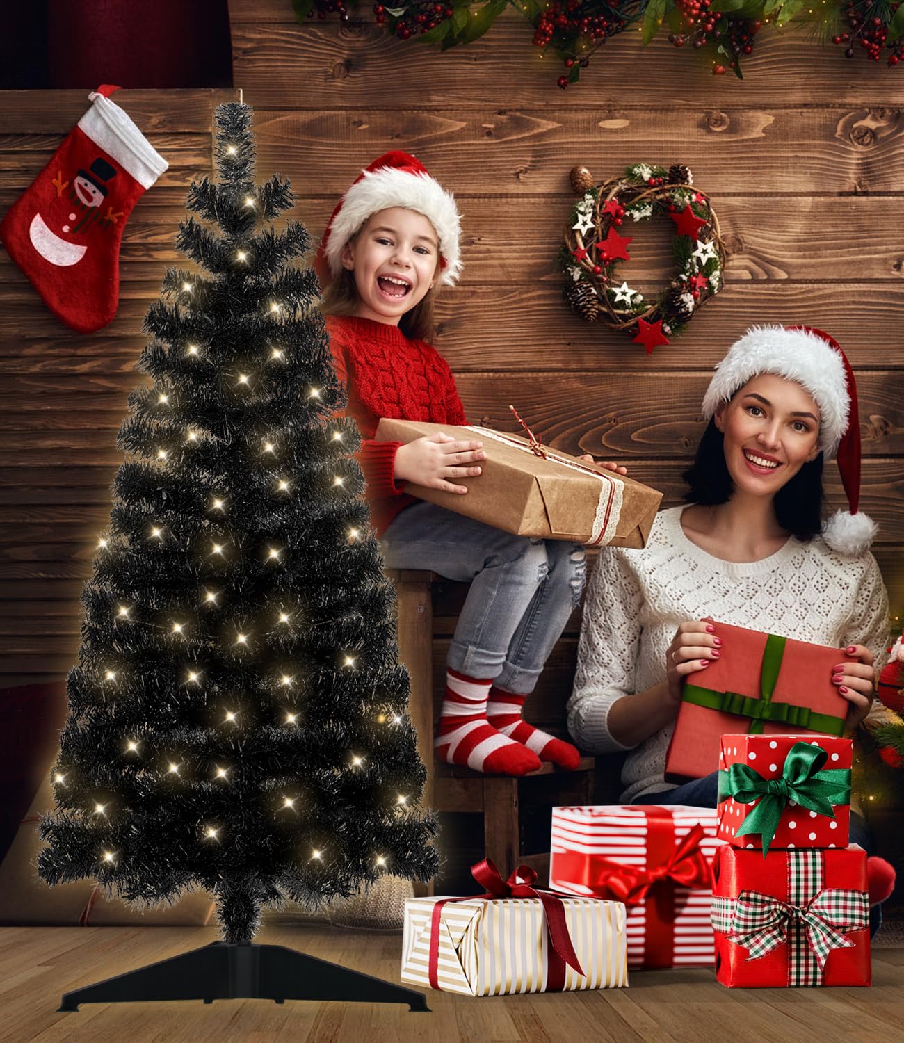 DEWUR Pre-Lit Artificial Christmas Tree, Warm White Lights, Colorful Lights, Includes Stand, 4 feet (Black)