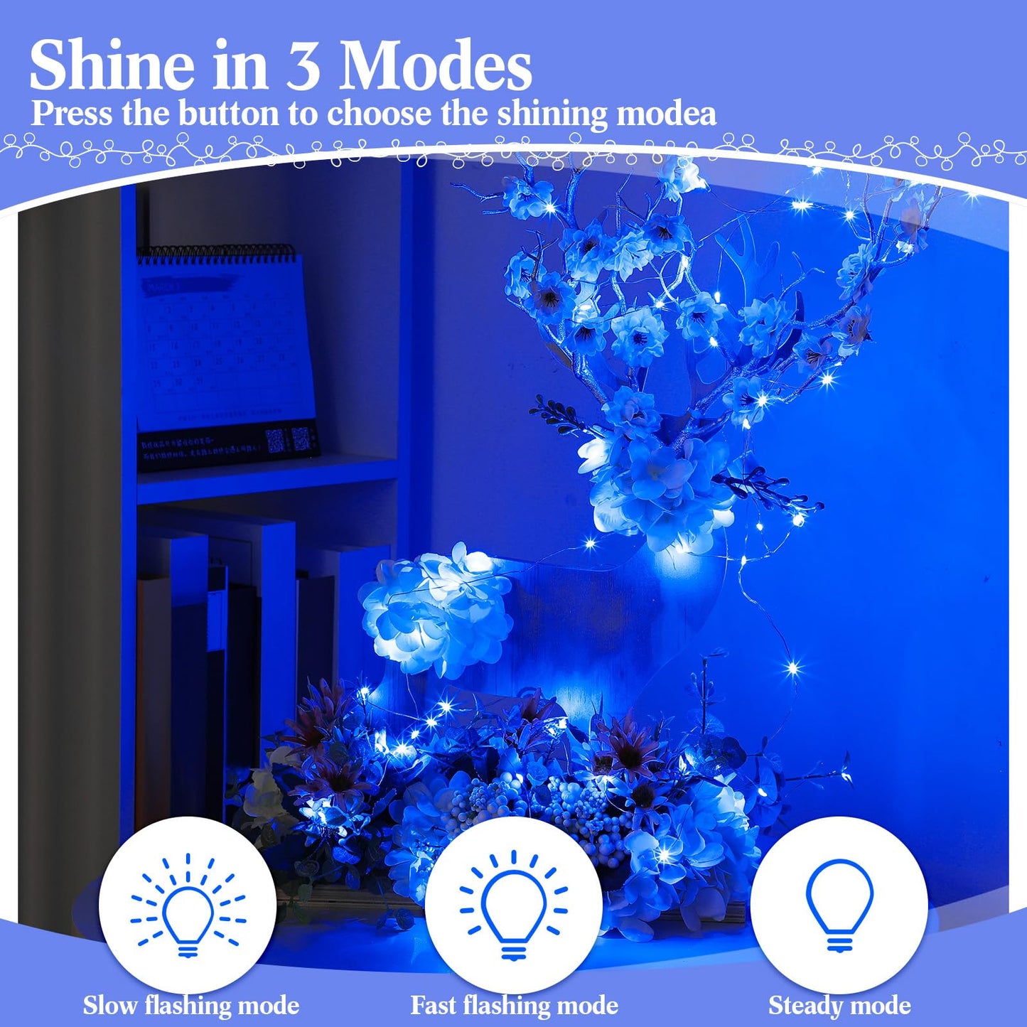 Hortsun 100 Pack Fairy Lights Battery Operated 3 Speed Modes, 7 Ft/ 2 M 20 LED Battery String Mini Waterproof Wire Twinkle Lights Party Favors for Wedding Birthday Vases Flower Decor(Blue Light)