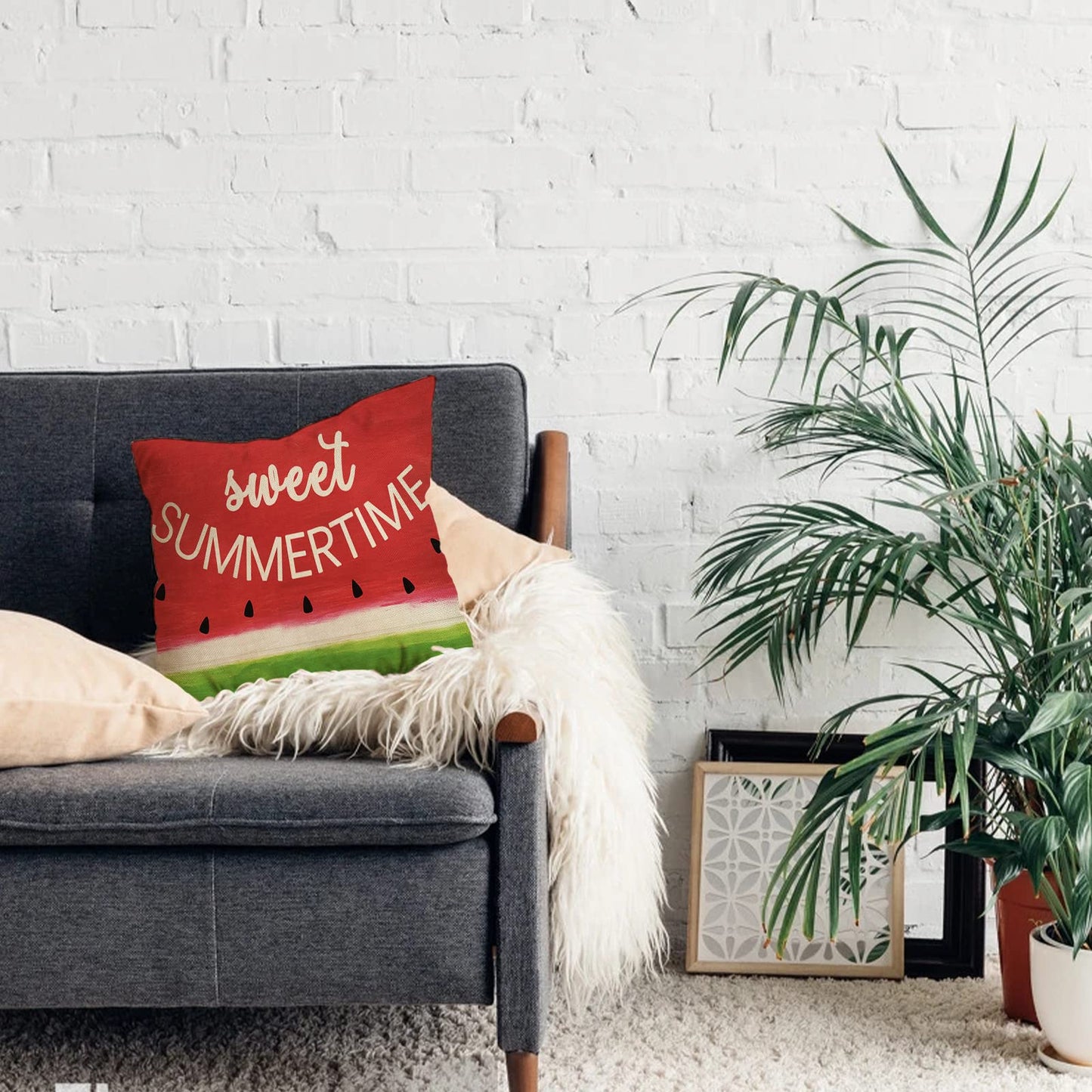 Softxpp Sweet Summer Time Decorative Throw Pillow Cover, Red Watermelon Sign Cushion Case Seasonal Rustic Home Decorations, Green Farmhouse Square Pillowcases Cotton Linen Decor for Sofa Couch 18 x 18