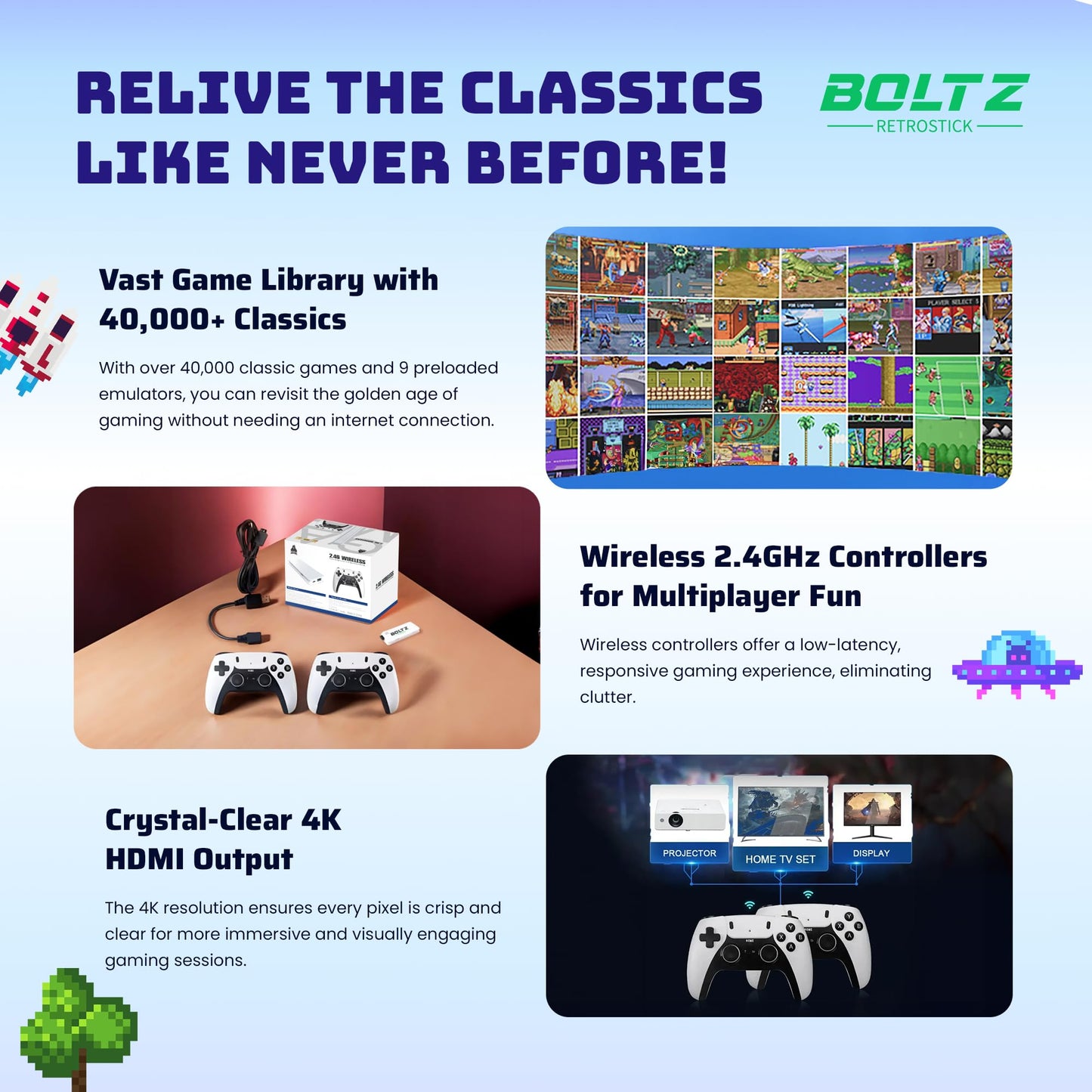 Boltz Retro Stick Gaming Stick – Retro Gaming Console with 40,000+ Classic Video Games, 9 Emulators, 128GB Storage, Plug & Play 4K HDMI Output, Includes 2 Wireless 2.4GHz Controllers