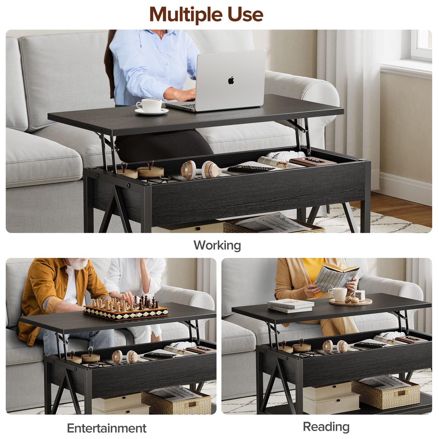 Memobarco Lift Top Coffee Table with Storage Shelf and Hidden Compartment for Small Spaces, Black