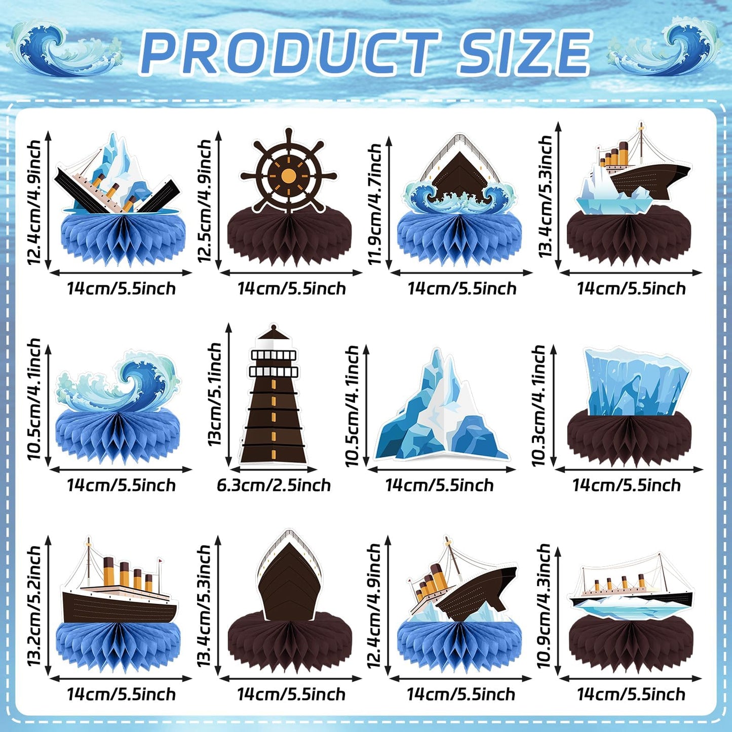 12Pcs Nautical Party Supplies Cruise Ship Birthday Honeycomb Centerpieces for Ocean Party Decorations Ship Theme Table Honeycomb for Ocean Cruise Liner Nautical Theme Birthday Baby Shower Party Favors