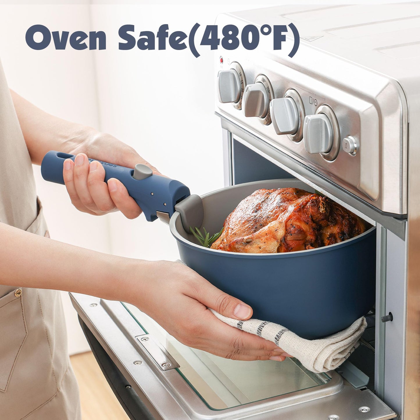 SENSARTE 17 Piece Ceramic Pots and Pans Set, Nonstick Detachable Handle Cookware, Induction Kitchen Cookware Set with Removable Handle, Dishwasher ＆ Oven Safe (Navy)