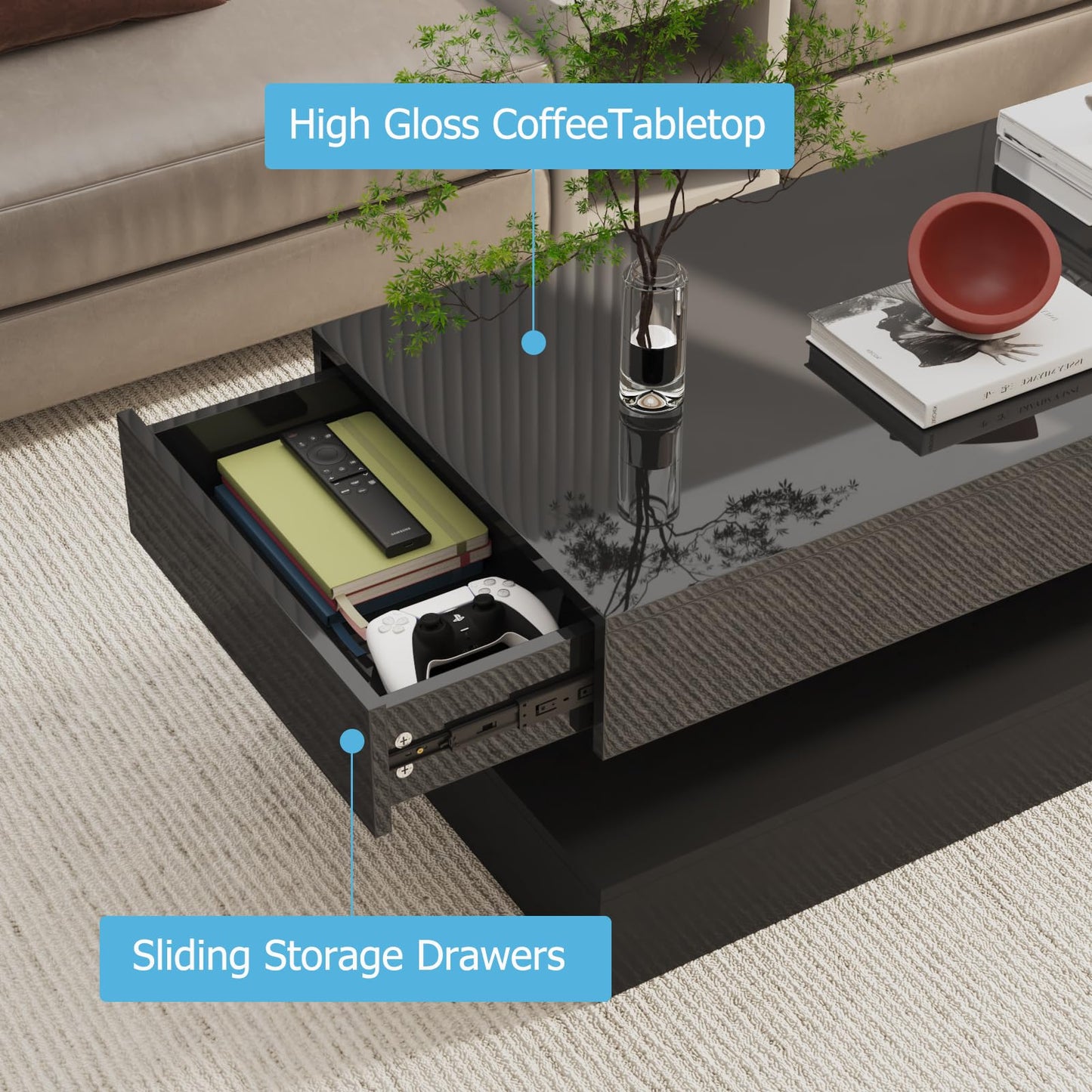 Uspeedy 47.3IN High Glossy LED Coffee Table,Modern Coffee Tables for Living Room,Living Rooms Tables,Large Living Room Furniture,APP LED Lights,Black/White Coffee Table for Livings Room (Black)