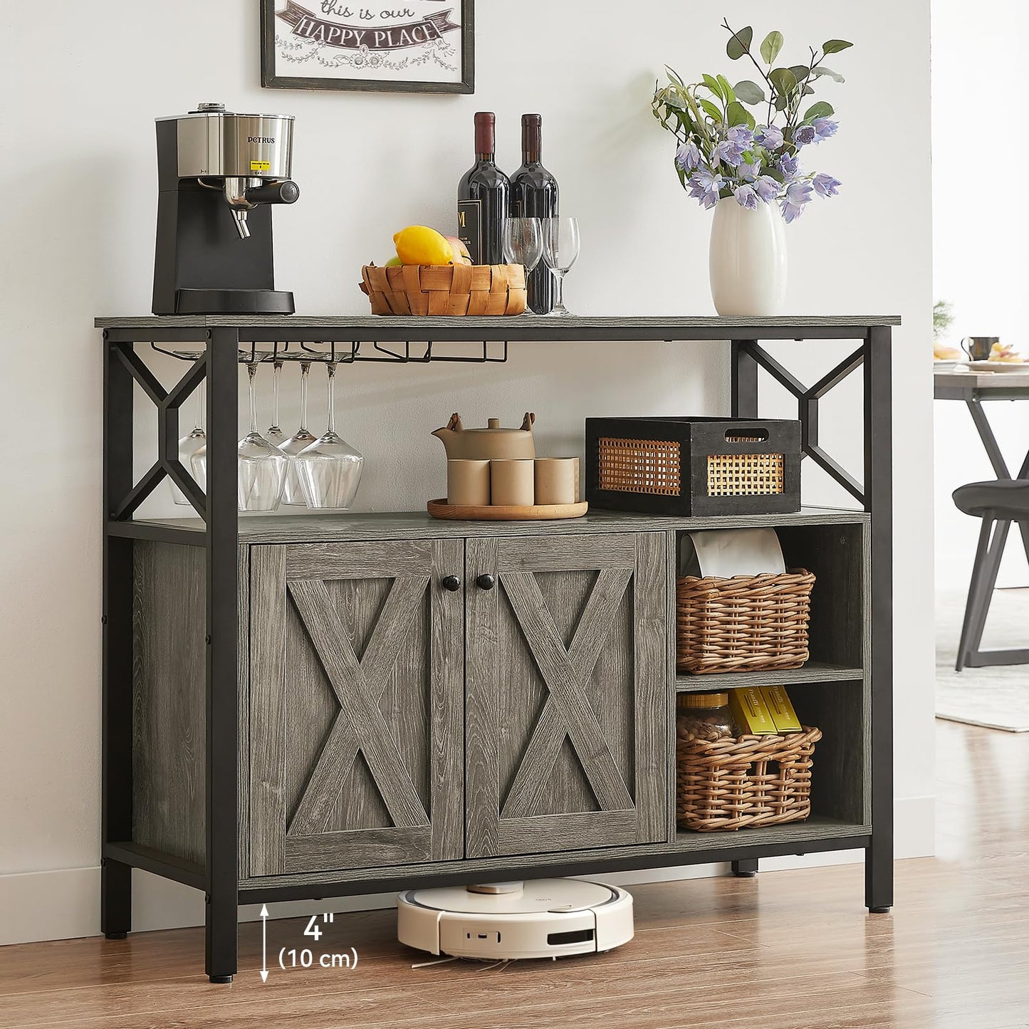 BedsPick 45.3" Buffet Cabinet with Storage, Farmhouse Sideboard Cabinet with Wine Glass Rack, Kitchen Accent Coffee Bar with Adjustable Shelf for Dining Living Room (Grey)