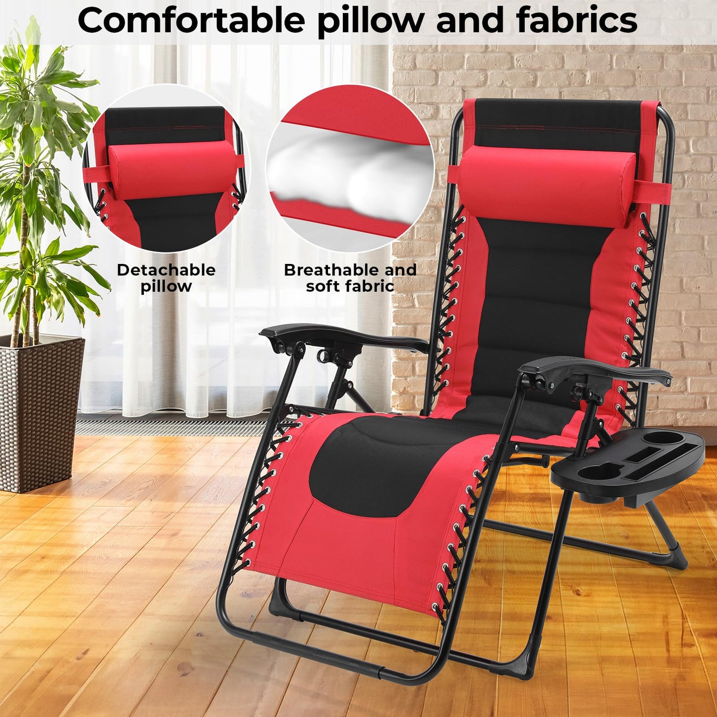 TLSUNNY Oversized Padded Zero Gravity Chair Set of 2, Folding Outdoor Patio Recliner, 24.2" Wide Seat Lounger W/Detachable Pillow & Holder Tray, Patio Furniture for Garden, 350LBS (Black/Burgundy)