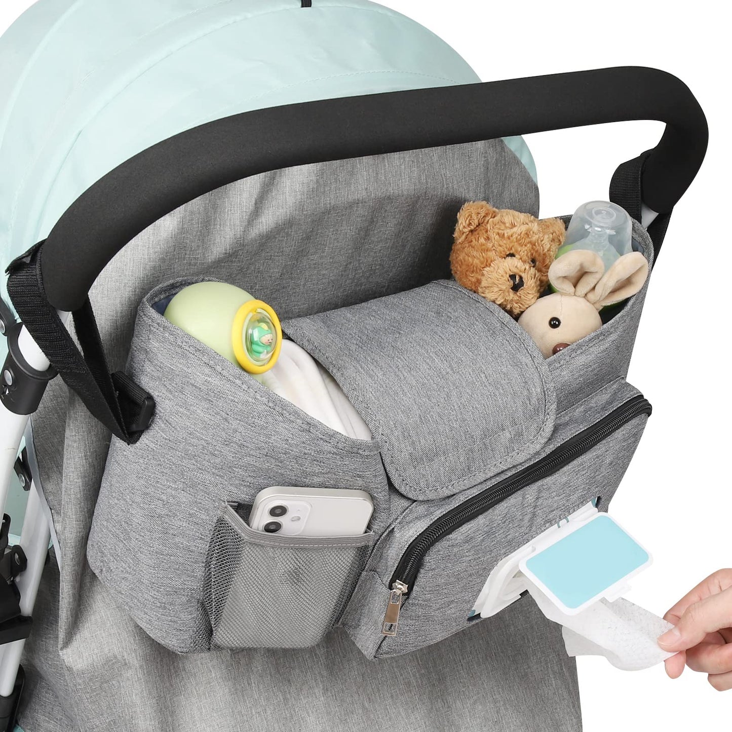 Accmor Universal Stroller Organizer with Insulated Cup Holder, Stroller Caddy Bag Accessories, Stroller Cup Holder Organizer for Uppababy Baby Jogger Britax Stroller, Grey