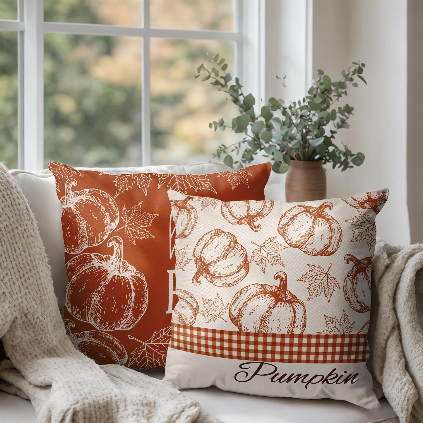 Wnoesat Hello Fall Pumpkin Pillow Covers 18x18 Set of 2 Autumn Maple Leaves Burnt Orange Outdoor Throw Pillows Case Farmhouse Thanksgiving Decorative Cushion Covers for Home Couch Sofa