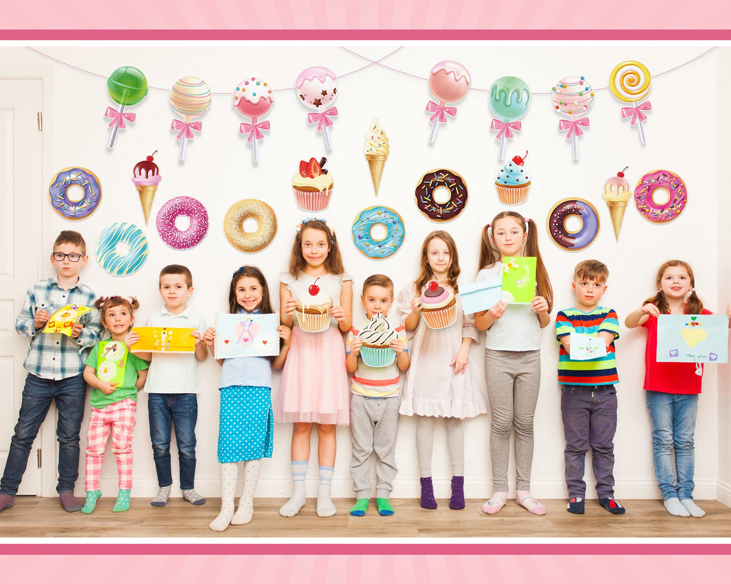 Sepamoon 32 Pcs Candy Party Decorations Summer Ice Cream Bar Supplies Includes Ice Cream Donuts, Round Lollipop and Cupcakes Cutouts for Birthday Party with Glue Point Dots for Home Room Decor