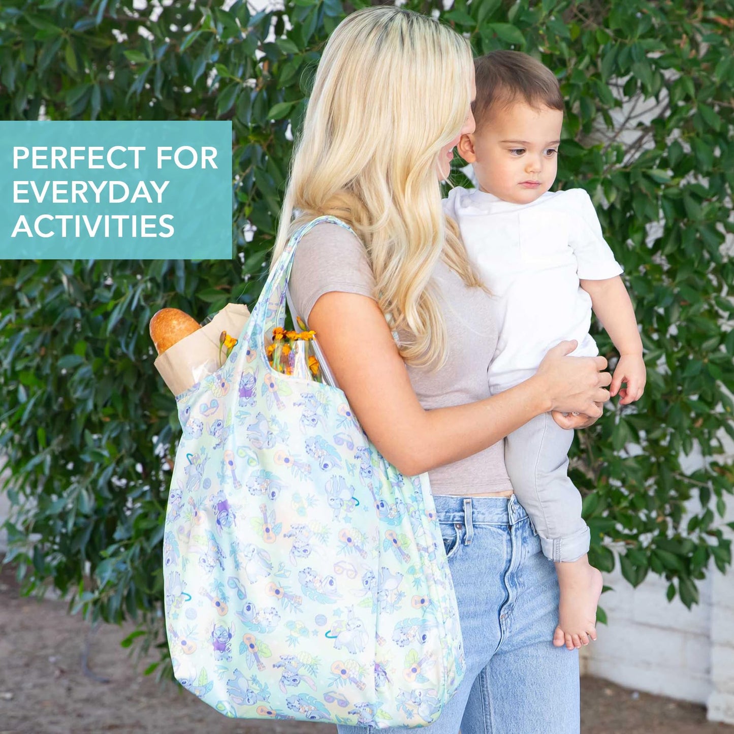 Bumkins Reusable Grocery Shopping Tote Bag for Women, Large Boho Style with Handles, Foldable, Washable, Shoulder Straps (Disney Stitch)