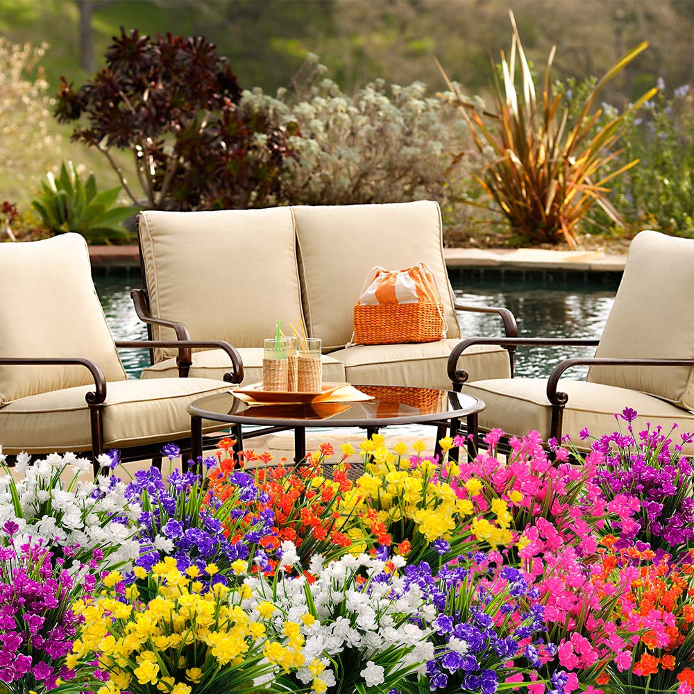 Grunyia Artificial Flowers, 20 Bundles Outdoor Fake Flowers for Decoration UV Resistant Faux Plastic Plants Garden Porch Window Box Décor (Orange)