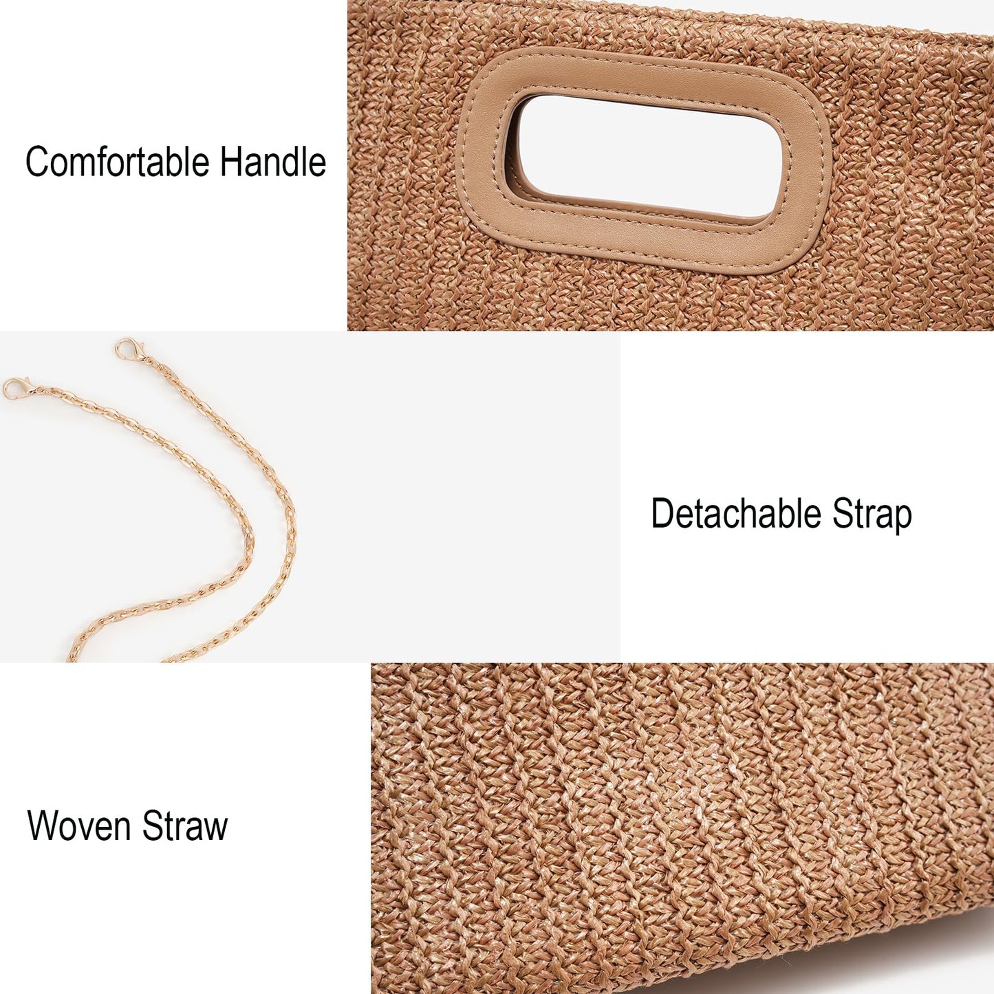Straw Purse Top Handle Clutch Bag, Woven Beach Shoulder Crossbody Bag Raffia Handbag for Summer Vacation, Parties, Wedding, Tan