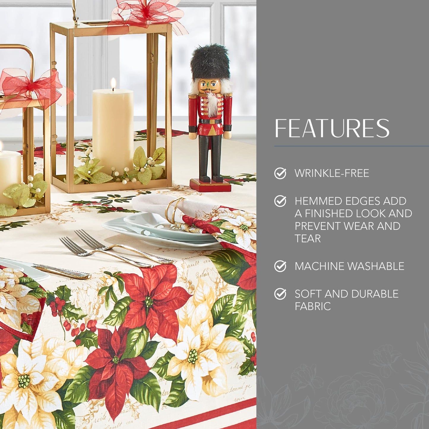 Elrene Home Fashions Red and White Poinsettia Holiday Fabric Wrinkle Resistant Tablecloth, 60" x 120", Multi