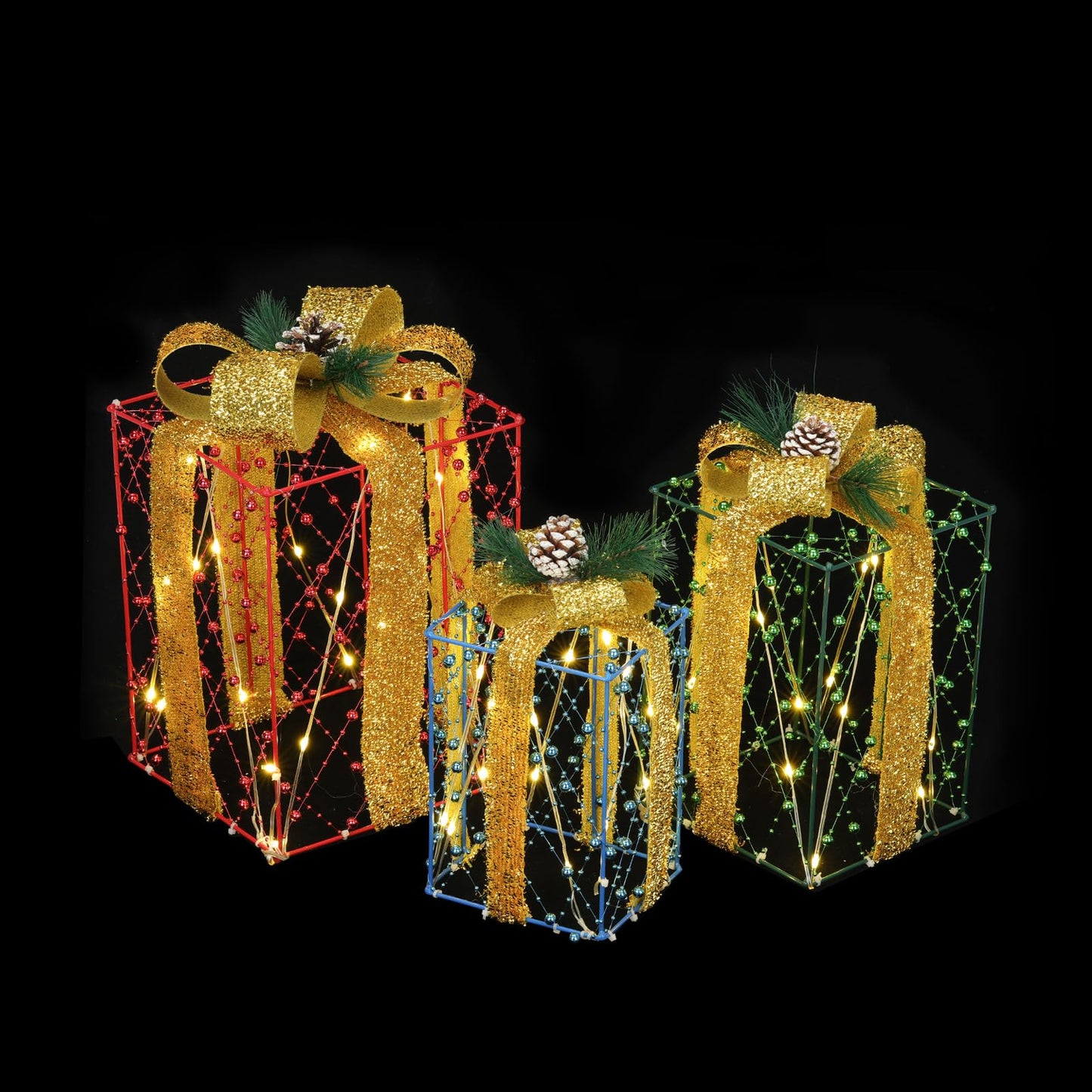 3 Pcs Christmas Lighted Gift Boxes, Pre-lit Xmas Present Boxes with Red Green Blue Beaded Ribbons 60 Warm White LEDs for Home Lawn Indoor Outdoor Christmas Decor