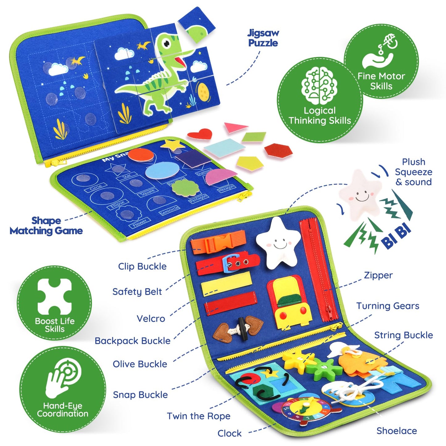 Toddler Sensory Busy Board: Travel Toy Activity Book for Girls Boys, Motor Skill Development Gift for Baby Aged 3-4 Years, Fine Educational Preschool Montessori Learning Toy for Car Airplane Dinosaur