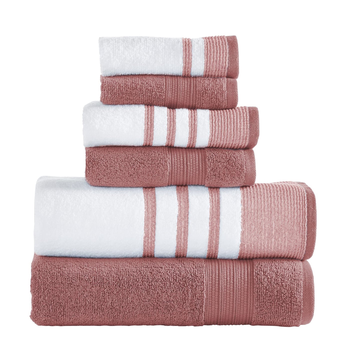 Modern Threads 6 Piece Set, 2 Bath Towels, 2 Hand Towels, 2 Washcloths, Quick Dry White/Contrast Reinhart Rosewood