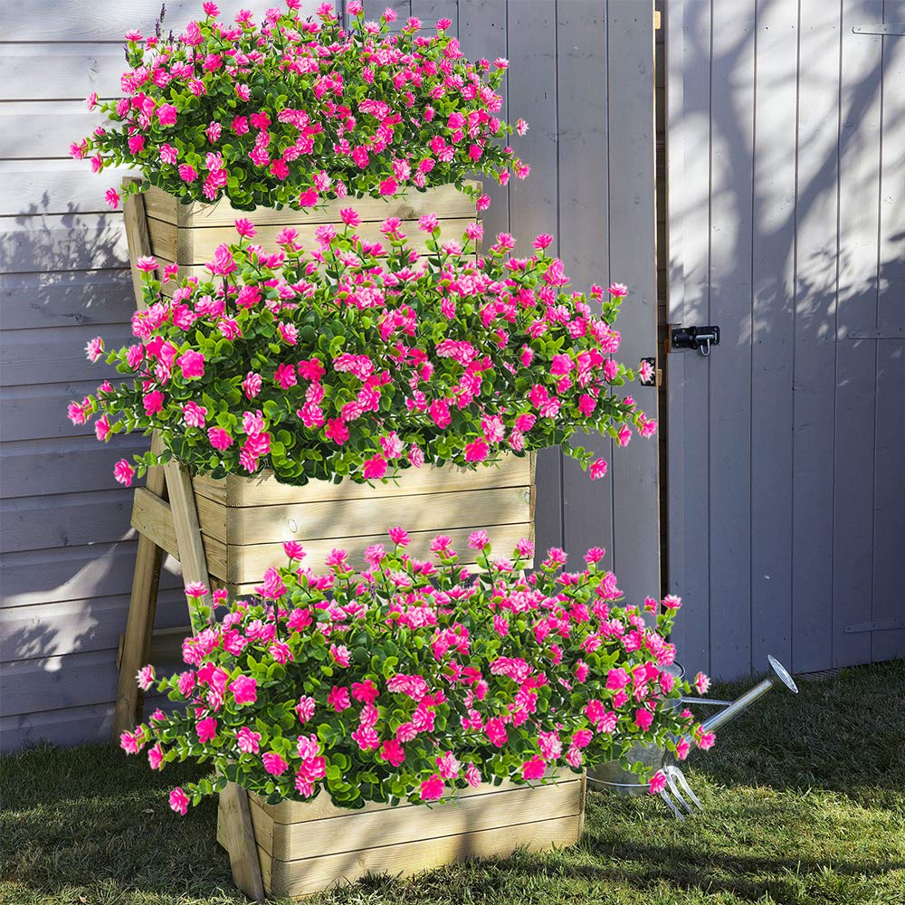 Grunyia 10 Bundles Artificial Fake Flowers, Faux Outdoor Plastic Plants UV Resistant Shrubs Outside Indoor Decorations (Pink-Eucalyptus)