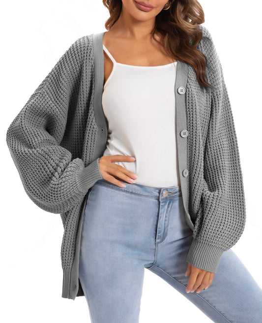 QUALFORT Women's Cardigan Sweaters for Women 100% Cotton Button-Down Long Sleeve Oversized Knit Coatigan Jackets Heathergrey X-Large