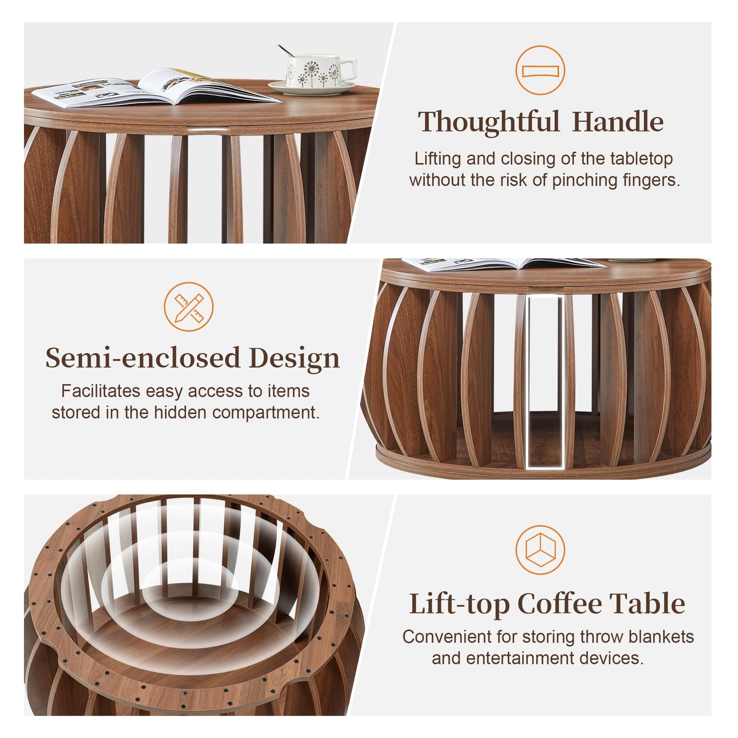 Bifins Drum Coffee Table with Storage,31.5” Wood Round Coffee Table,Farmhouse Pumpkin-Shaped Center Table for Living Room Home Office (Walnut)