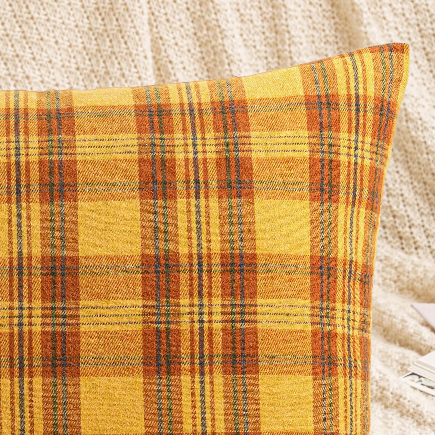 Woaboy Set of 2 Scottish Tartan Plaid Throw Pillow Covers Farmhouse Classic Plaid Decorative Square Cushion Cases Fall Autumn Christmas Home Decor for Sofa Couch Livingroom Bed 18x18 Inch,Orange