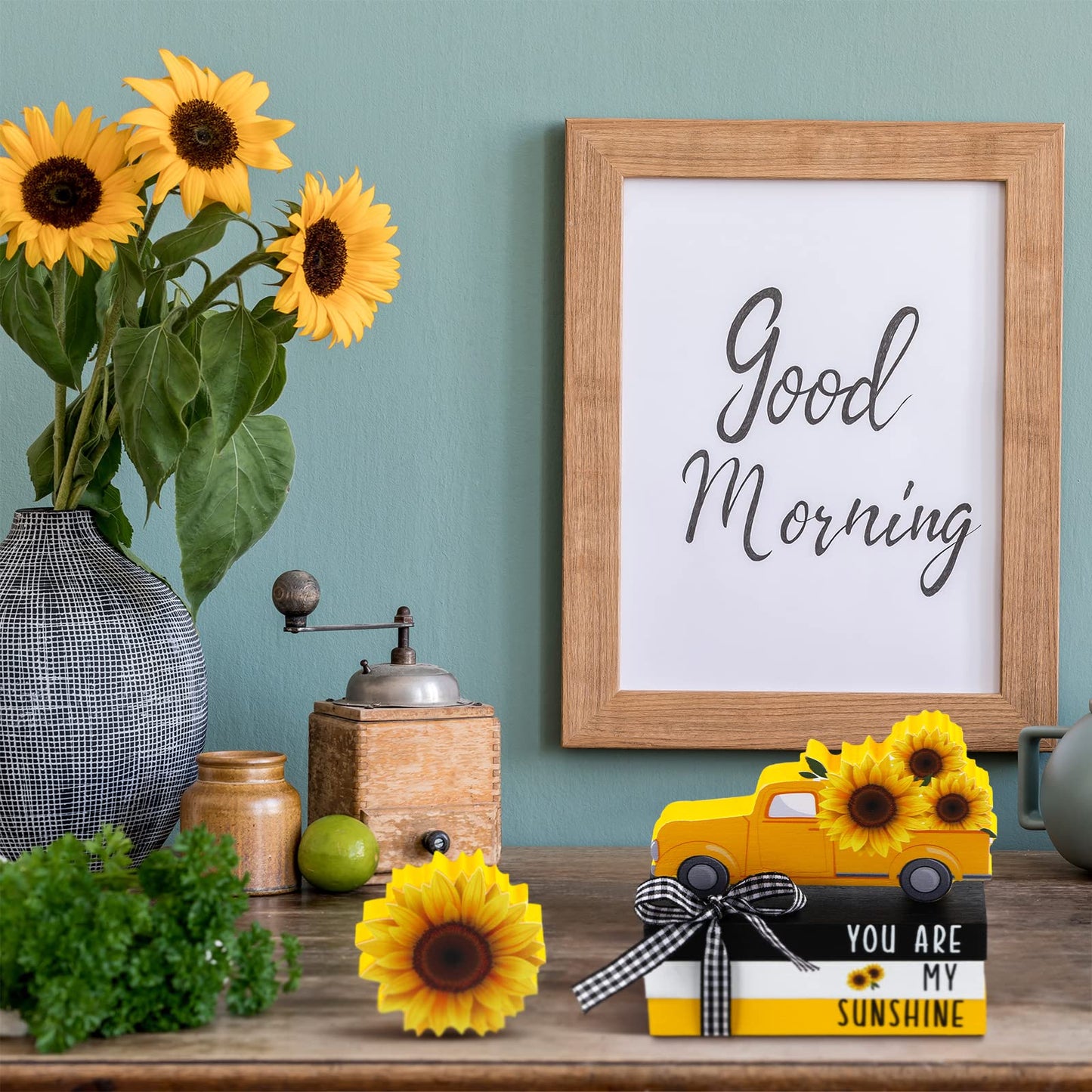 Yookeer 5 Pieces Farmhouse Tiered Tray Decor Items Rustic Wooden Mini Truck Bundle Books Stack Sign for Summer Spring Home Harvest Table Shelf Decorations(Sunflower Style)