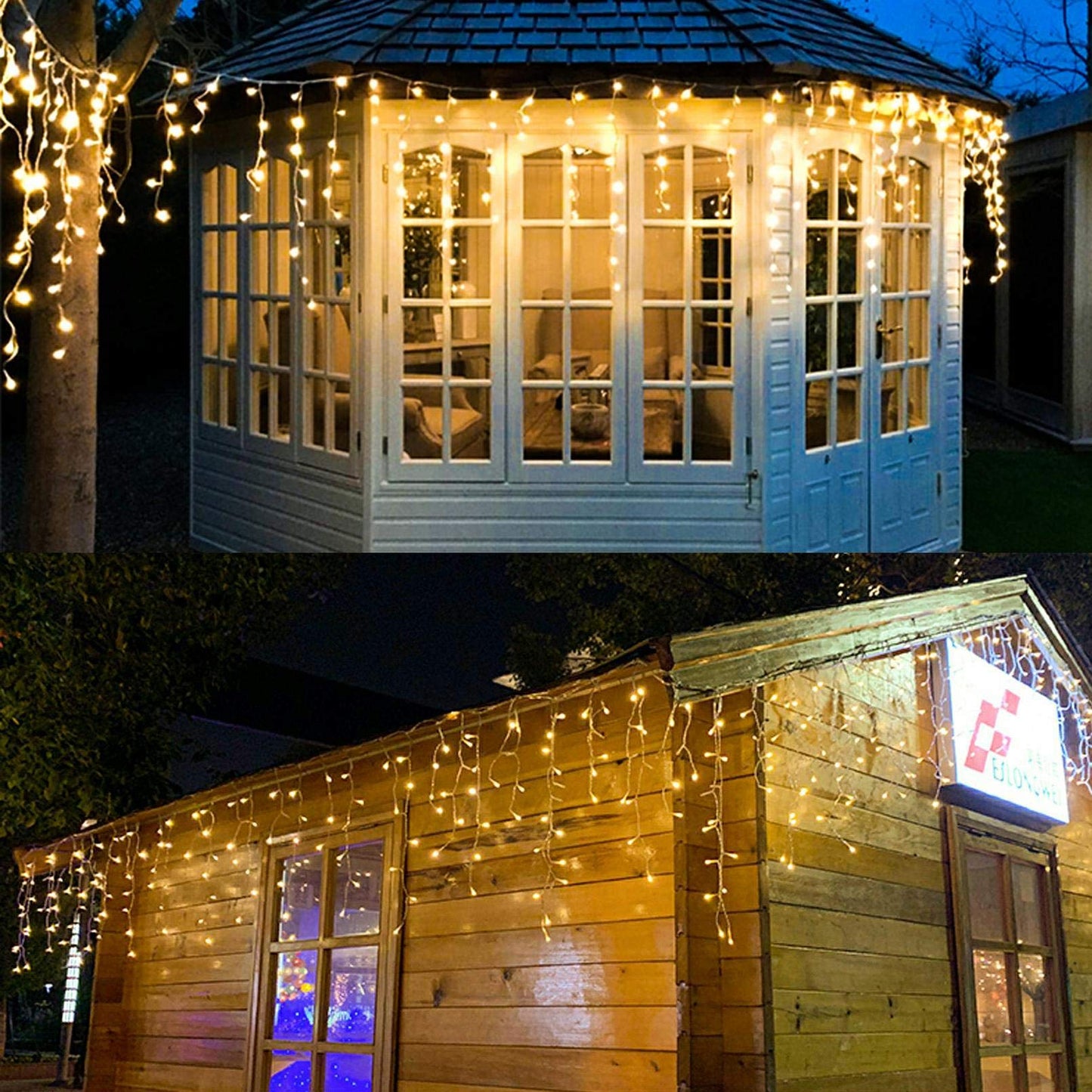 JAMISAY LED Icicle Lights, 8 Modes 16.4FT 112 LEDs Christmas Short Curtain Fairy Hanging Ceiling Extendable Lights for Wedding Balcony Doorway Outdoor Indoor Decoration Warm White, 5M04