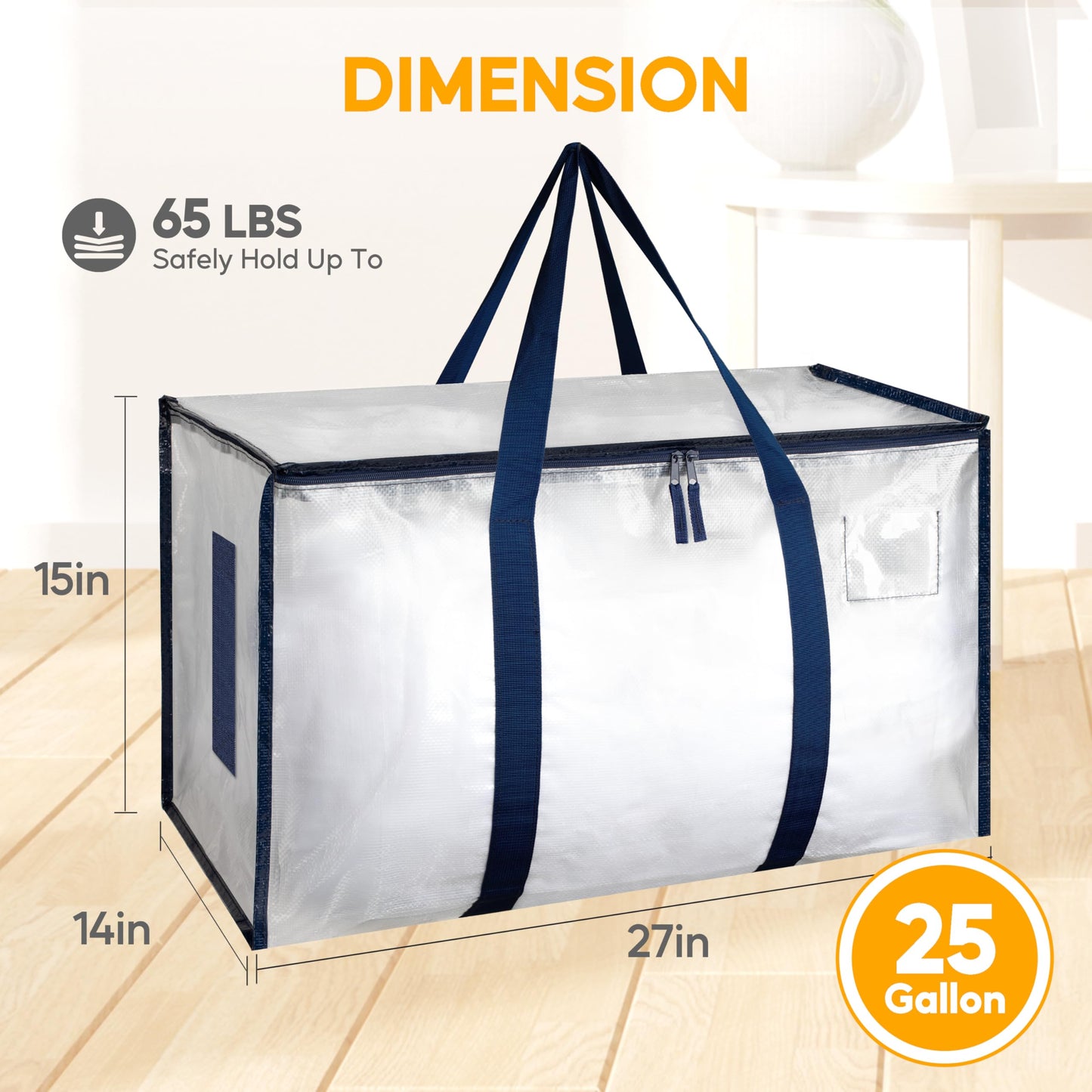 HealSmart 6 Pack Large Moving Bags with Zippers & Handles, Moving Supplies with lids, Heavy Duty Totes for Space Saving, Fold Flat, Moving and Storing, Clear