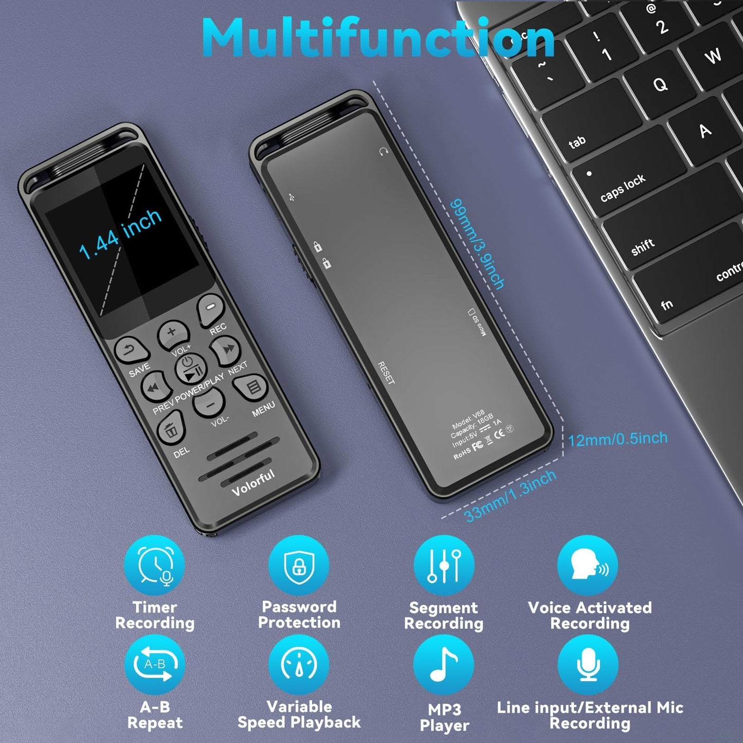 144GB Digital Voice Recorder with Playback, Volorful 1536Kbps Audio Recorder for Interviews Meetings, Voice Activated Recorder Recording Device with Noise Reduction, MP3 Stereo Player, Microphone