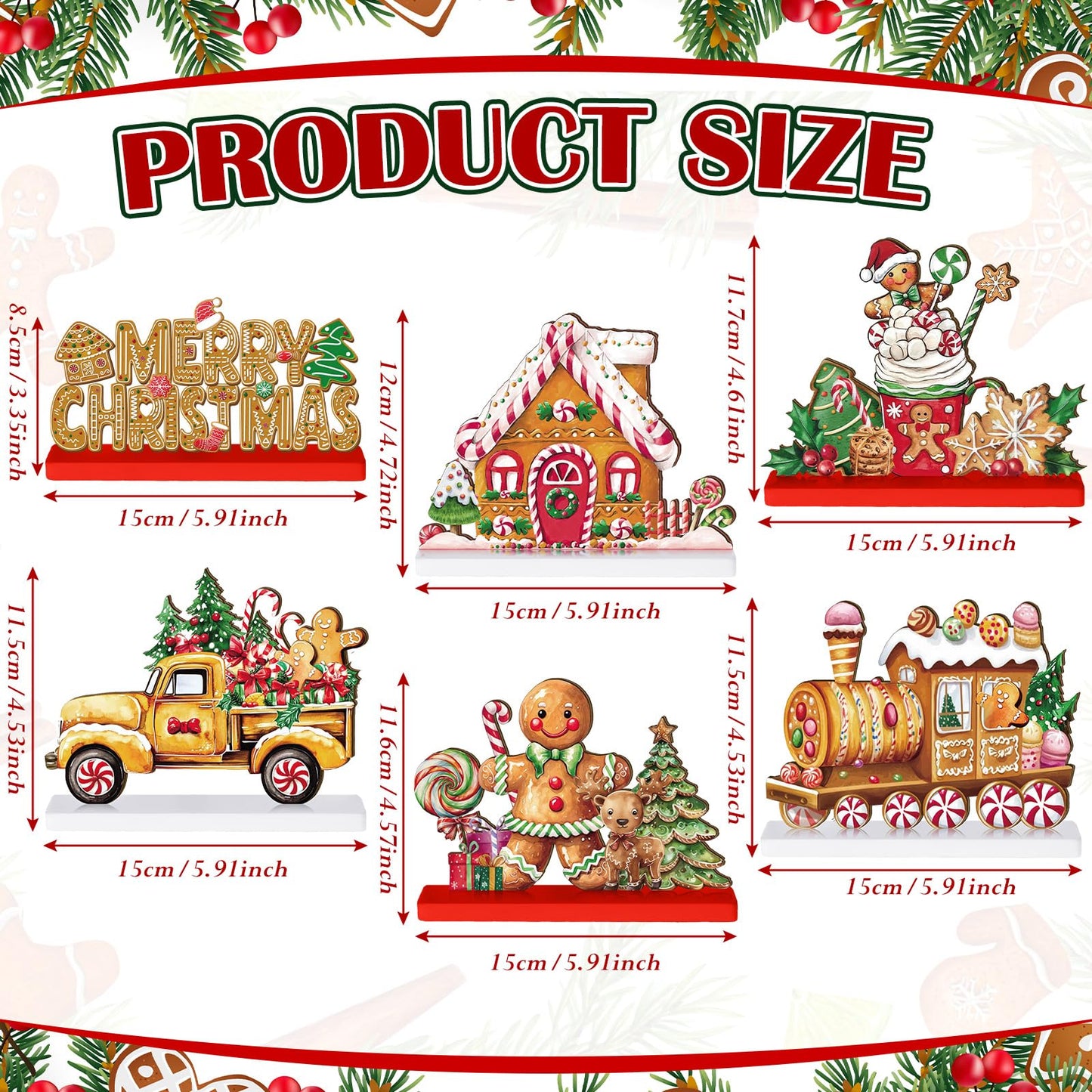 Wonderjune 6 Pcs Christmas Gingerbread Man Table Decoration Signs Wooden Christmas Tabletop Centerpieces Tiered Tray Decor Gingerbread House Truck Train Xmas Decorations for Holiday Party Supplies