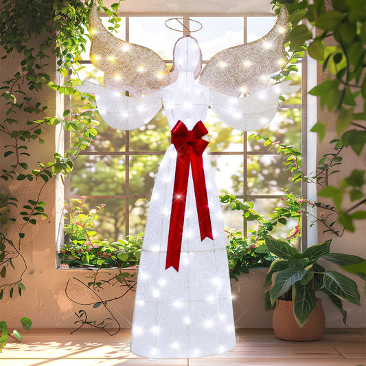 VIKIMORA 65" Lighted Angel Christmas Decoration, 3D Halo Angel with Golden Wings, White LED Lights, Outdoor/Indoor Use