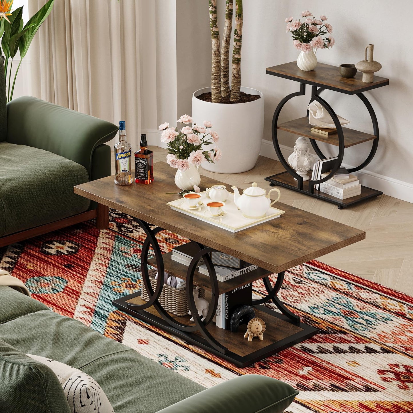 GiftGo Rustic Coffee Table with Storage Industrial 3 Tier Center Living Room Table Farmhouse Wooden Rectangle Cocktail Tea Table for Office Bedroom Elegant Full Moon Round Metal Frame (Brown, L-47)