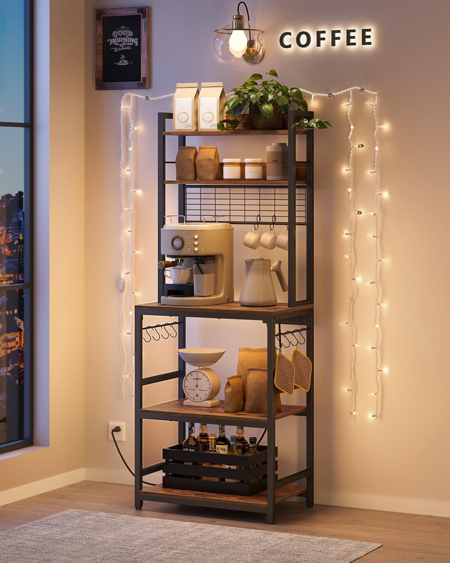 VASAGLE Hutch Bakers Rack with Power Outlet, 14 Hooks Microwave Stand, Adjustable Coffee Bar with Metal Wire Panel, Kitchen Storage Shelf, 15.7 x 23.6 x 66.9 Inches, Rustic Brown and Black UKKS037B01