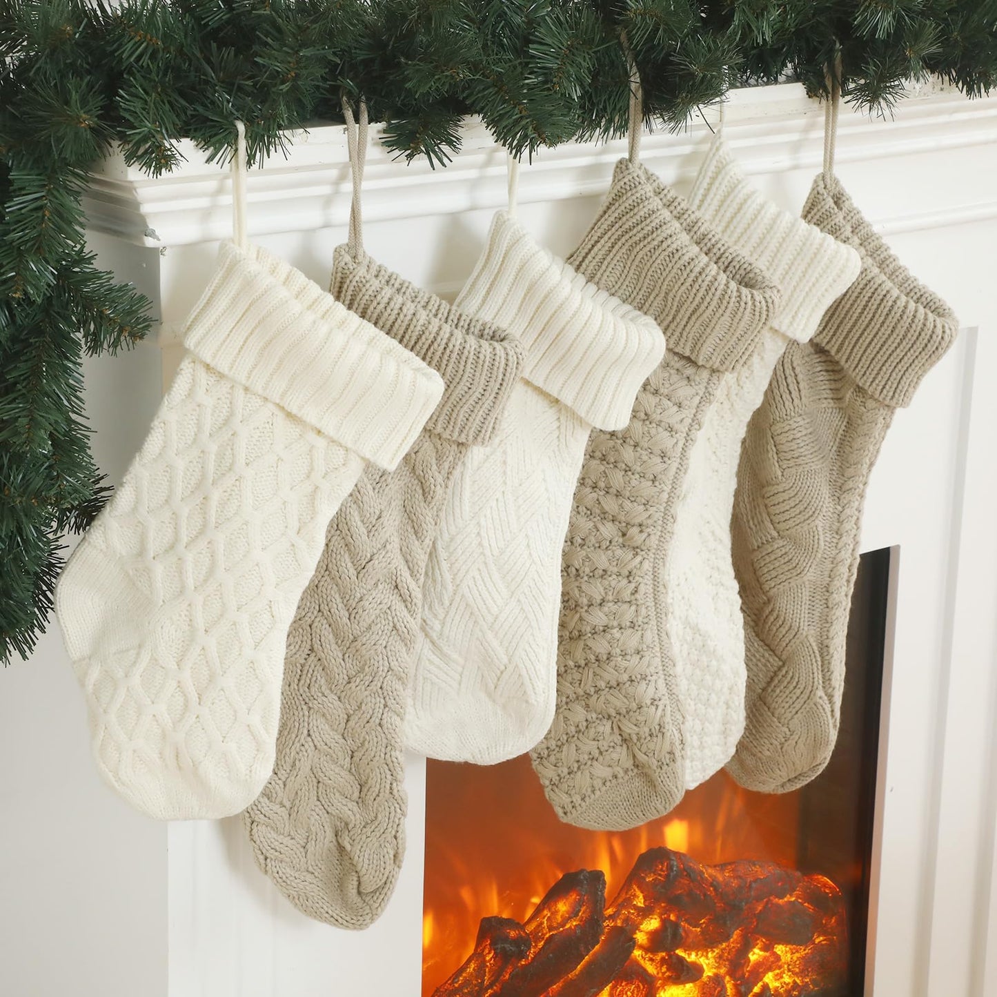 Syhood 6 Pack Cable Knit Christmas Stockings 18'' 15'' Large Knitted Stockings Ornaments Farmhouse Xmas Rustic Boho Decorations for Family Holiday Decor, 6 Styles(Khaki and Cream)