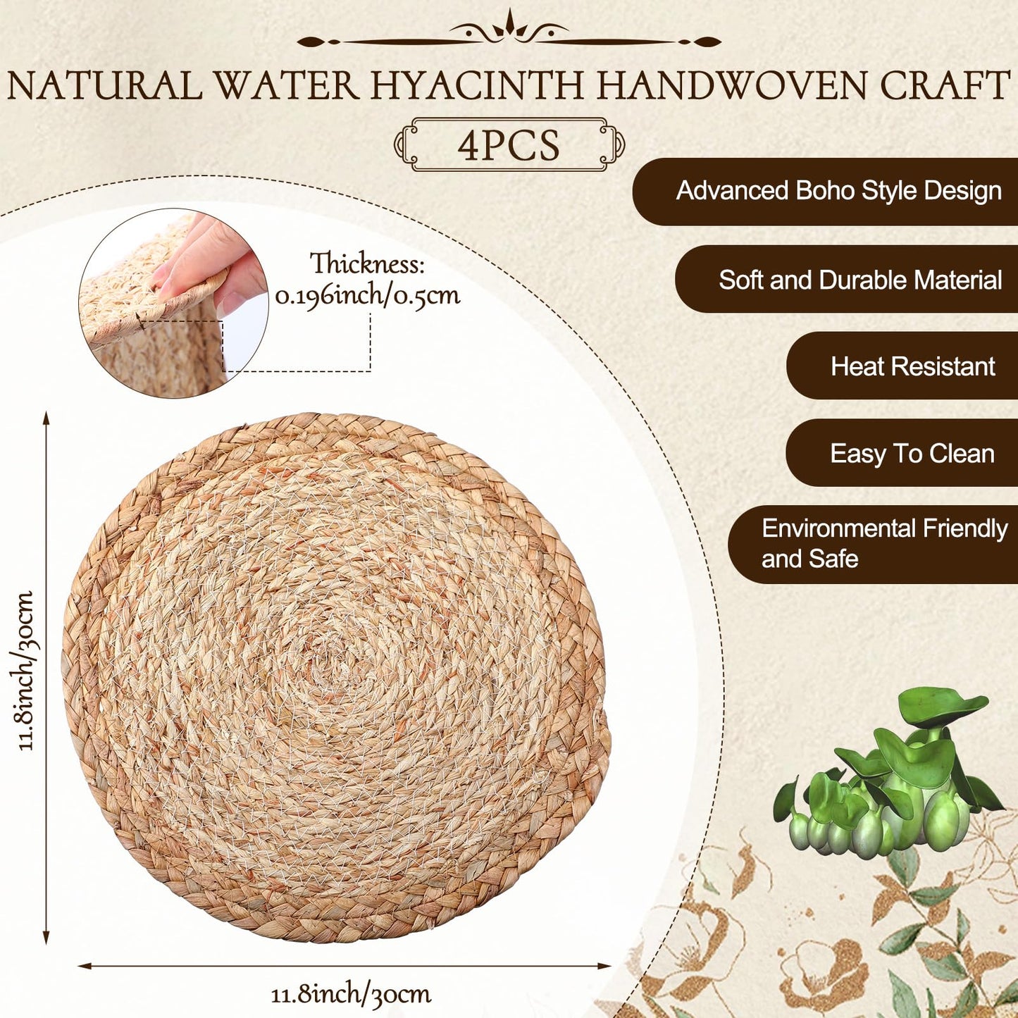 Zhehao 4 Set/12 Pcs Boho Placemats Natural Cotton Burlap and Grass Woven Table Mats Trim Farmhouse Style Placemats with Tassels Wooden Beads Napkin Rings for Table Kitchen