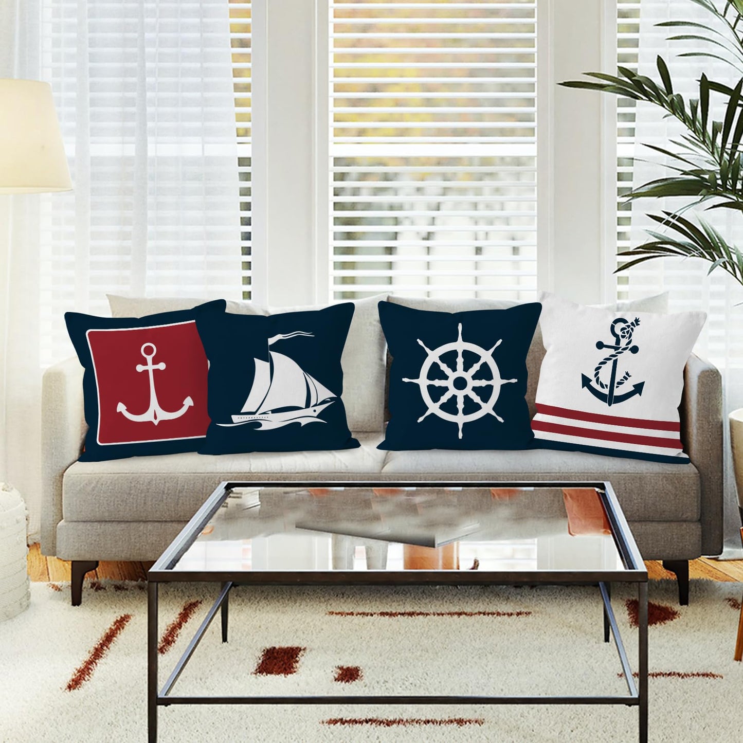 HUYAW Navy Blue Nautical Ocean Boat Anchor Throw Pillow Covers, Ship Nautical Gifts, Boat Pillow Cases 18 x 18 Inch Home Ship Sofa Decor Set of 4