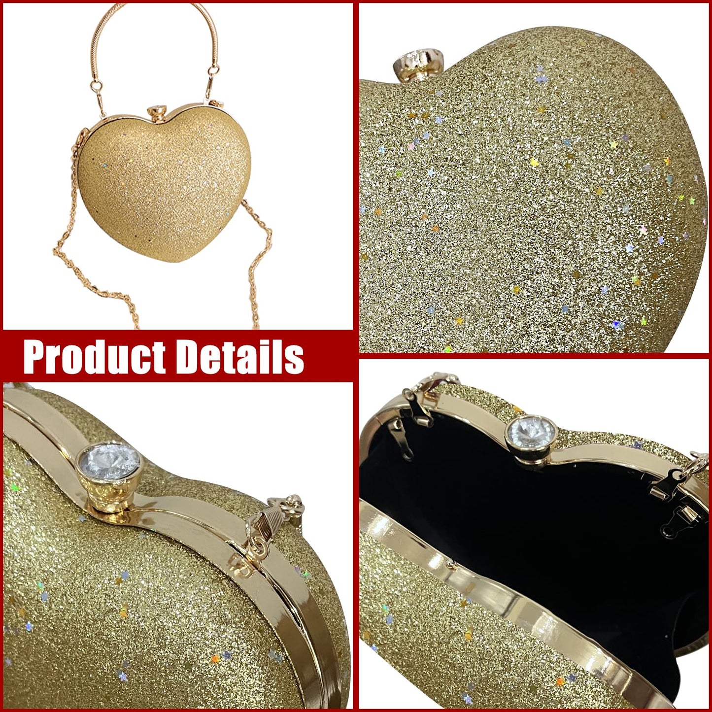 pfoosnd Sparkly Clutch Purses for Women Formal Clutch, Heart Shape Evening Bag, Purse Handbag for Wedding Cocktail Party (Gold)