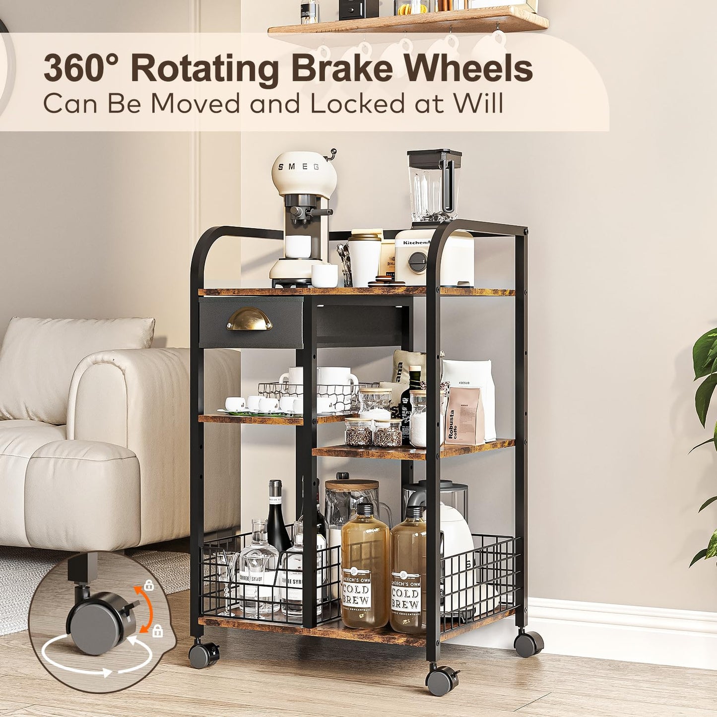 keomaisyto Coffee Cart with Storage Drawer, Coffee Bar Cabinet with Wheels, 4-Tier Adjustable Mobile Coffee Table, Rustic Wood Coffee Bar Station for Kitchen/Entrance/Living Room/Dining Room