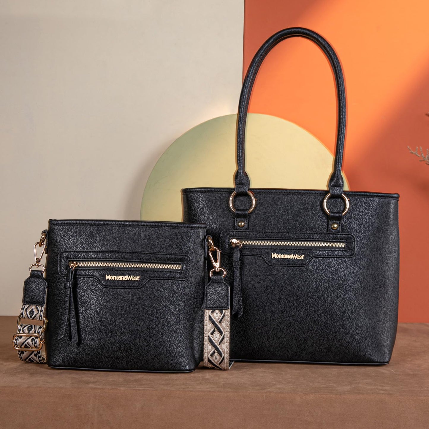 Montana West tote bag for women medium crossbody purse set 2pcs black cute trendy woman handbag and purse ladies designer handbag with guitar strap MWC2-330BK