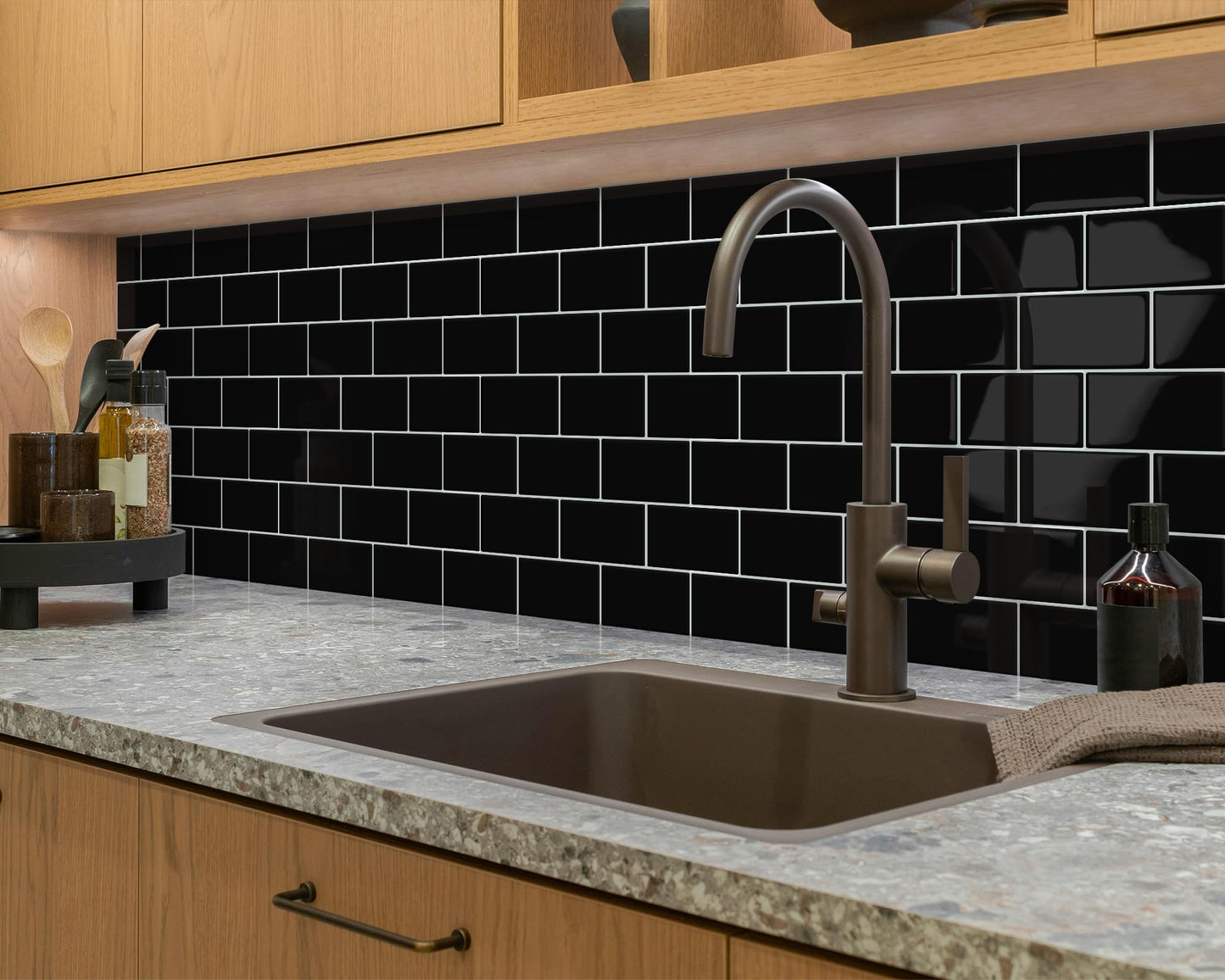 Tiwoos Thick Black Peel and Stick Subway Tile Backsplash Self Adhesive for Kitchen Bathroom Wall (10-Sheet, 12"×12")