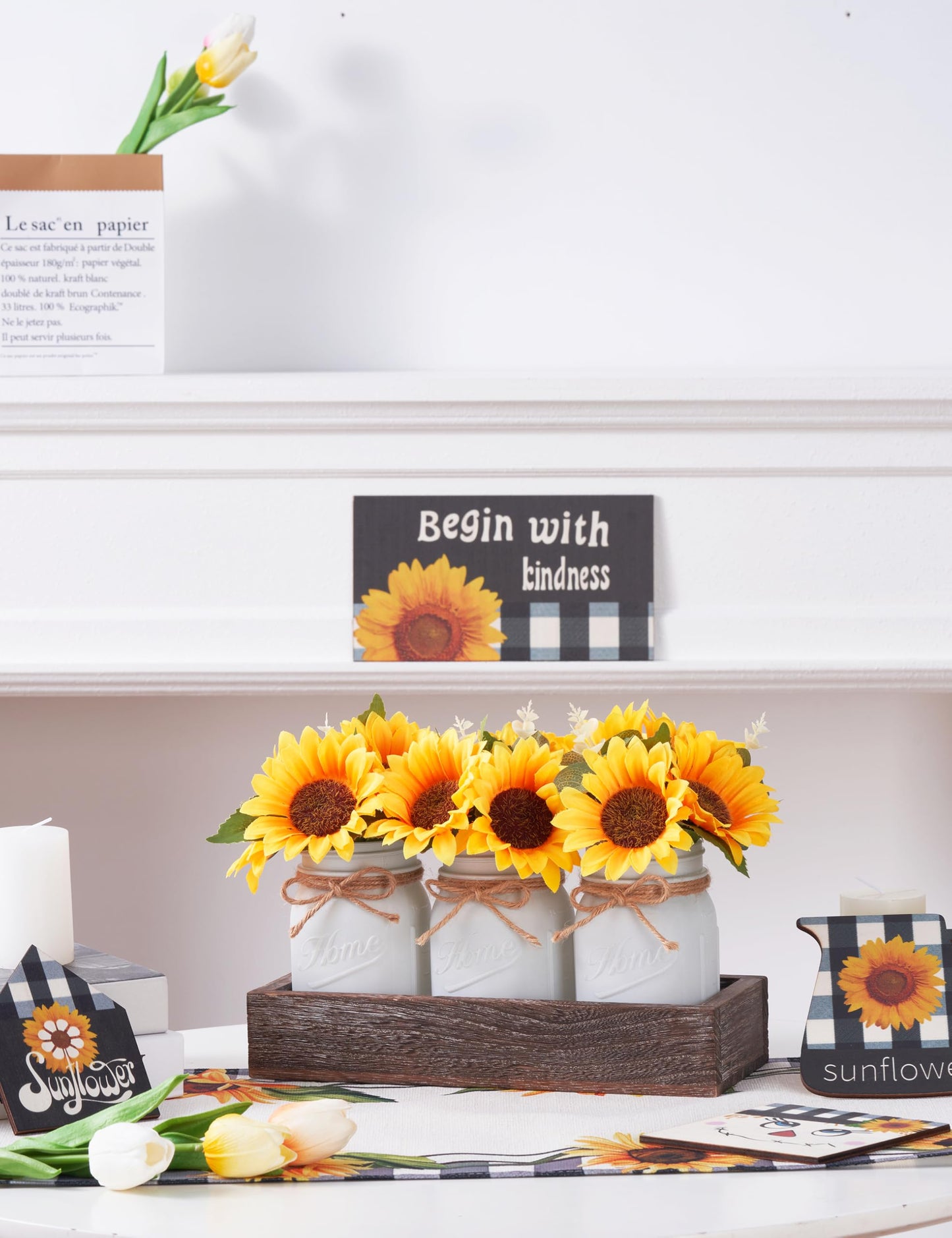 Mason Jar Sunflower Kitchen Decor, Spring Centerpieces for Tables with Sunflowers Artificial Flowers, Farmhouse Wood Tray, Sunflower Spring Bathroom Table Decor, Centerpiece Table Decorations for Home