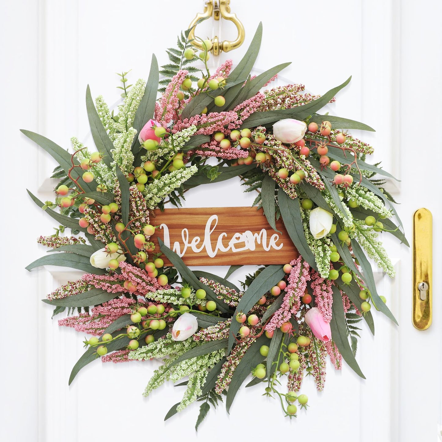 Wreaths for Front Door 24 Inch Spring Summer Tulip Wreath withTulip,Berries,Boxwood and Cattails Welcome Door Wreath, Porch, Window Green Decor for Home, Farmhouse - Spring, Summer, Fall, All Seasons