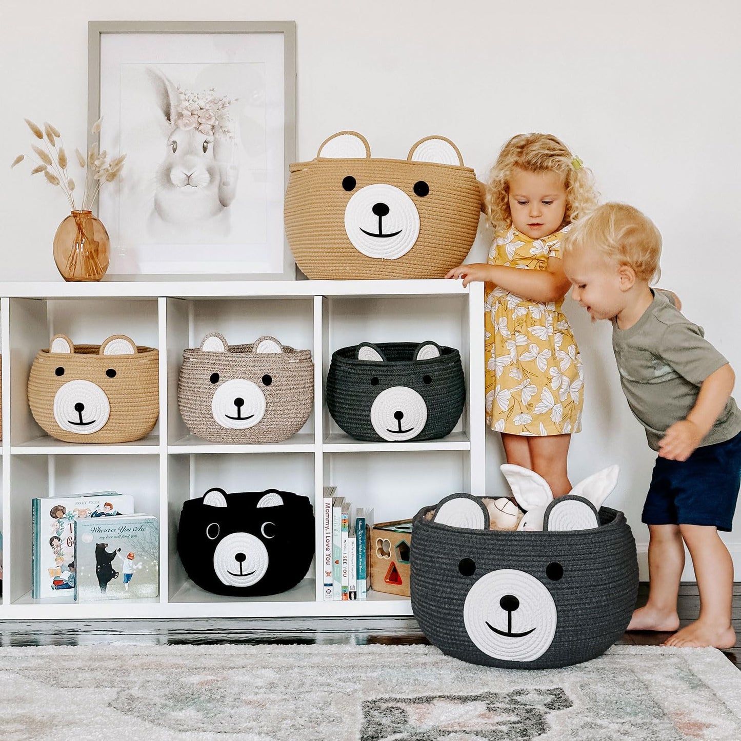 CherryNow Baby Basket for Nursery, Bear Gift Baskets for Kids, Empty Baby Shower Basket with Handles, Small Cute Animal Cotton Rope Baskets, Grey, 10.5"D x 8.5"H