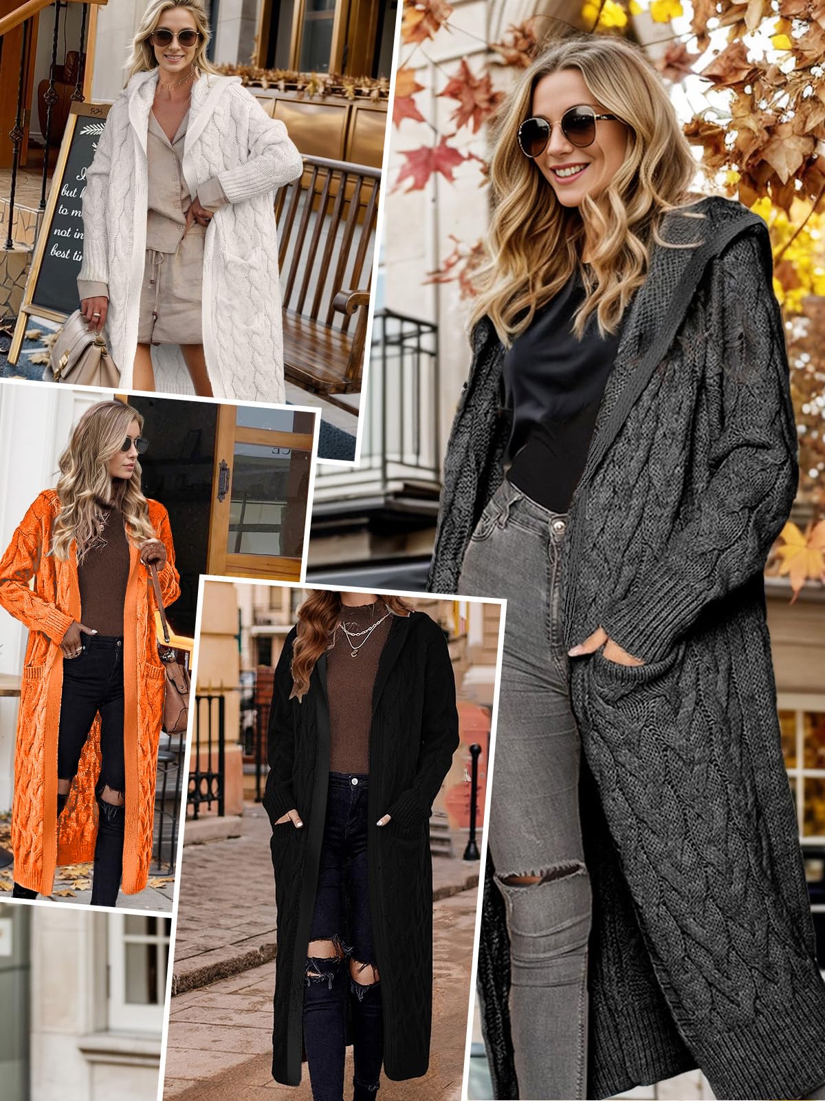 WIFFGO Lightweight Hooded Open Front Cardigan for Women Cable Knit Sweaters Pocketed Oversized Knee Length Long Coats Dark Gray